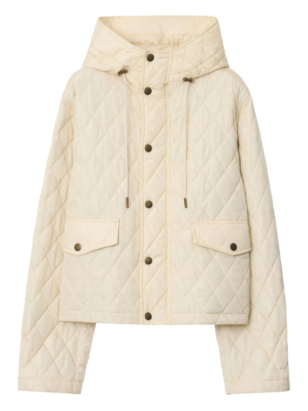 Short quilted nylon hooded jacket