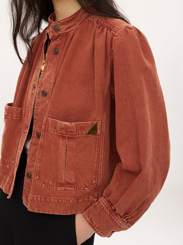 High-necked denim jacket with ruffles