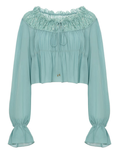 Top corto con scollo a U in georgette di seta e pizzo
