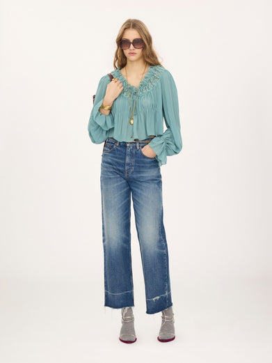 Top corto con scollo a U in georgette di seta e pizzo
