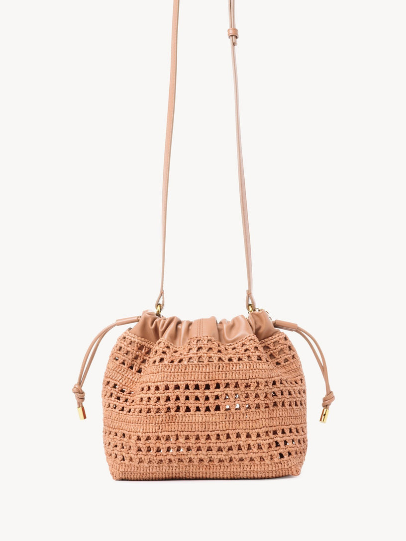Mini borsa a tracolla estiva a forma di banana con coulisse in rafia