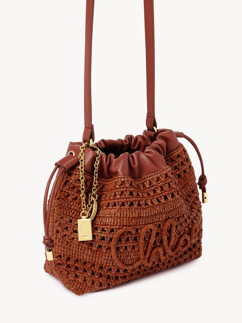 Mini borsa a tracolla estiva a forma di banana con coulisse in rafia