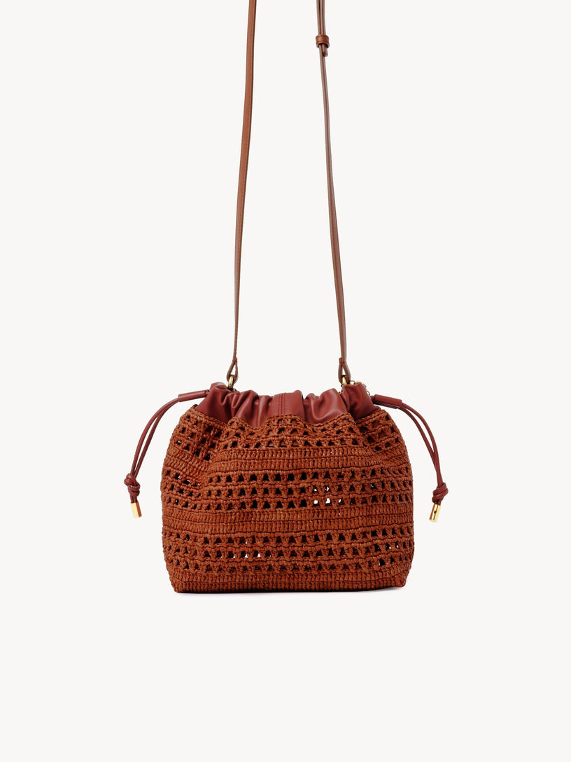 Mini borsa a tracolla estiva a forma di banana con coulisse in rafia