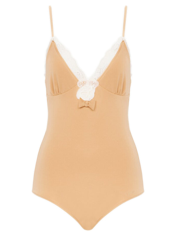 Lace-trimmed ruched bodysuit