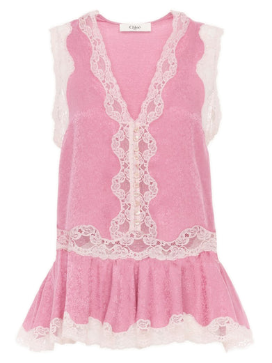 Top peplo senza maniche in jacquard di seta e pizzo
