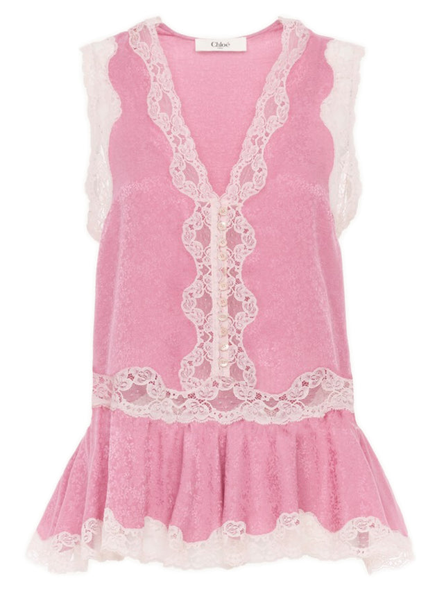 Top peplo senza maniche in jacquard di seta e pizzo