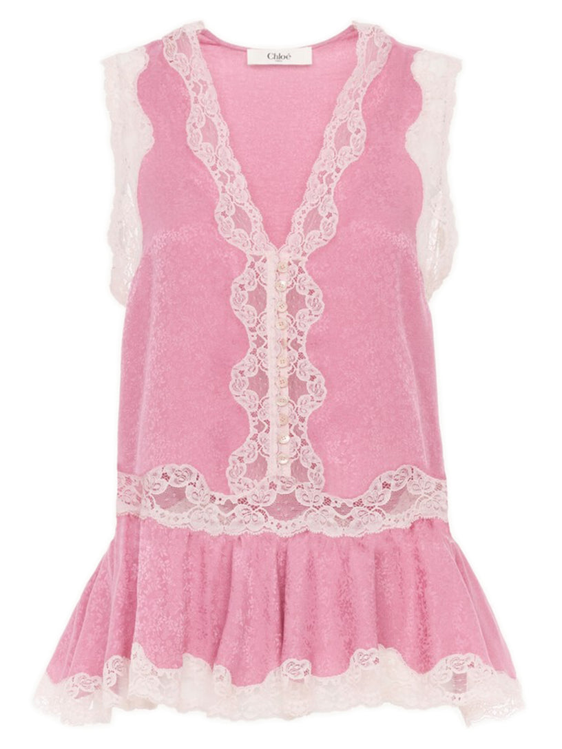 Top peplo senza maniche in jacquard di seta e pizzo