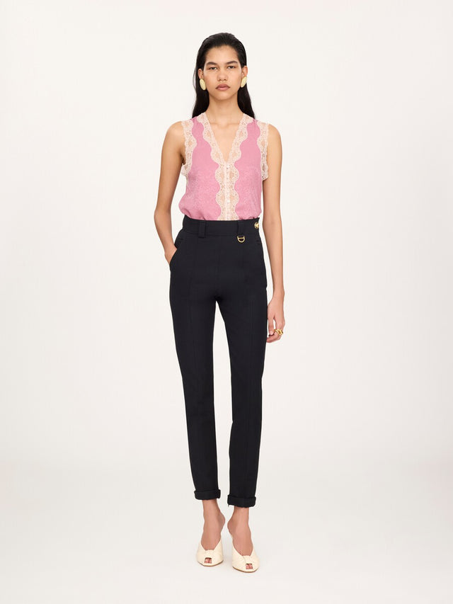Top peplo senza maniche in jacquard di seta e pizzo
