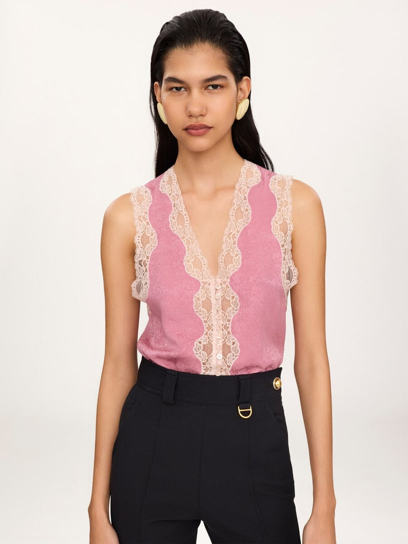Top peplo senza maniche in jacquard di seta e pizzo
