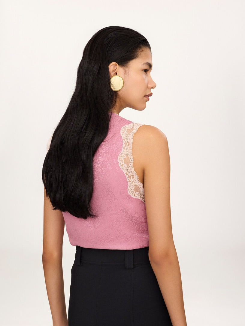 Top peplo senza maniche in jacquard di seta e pizzo