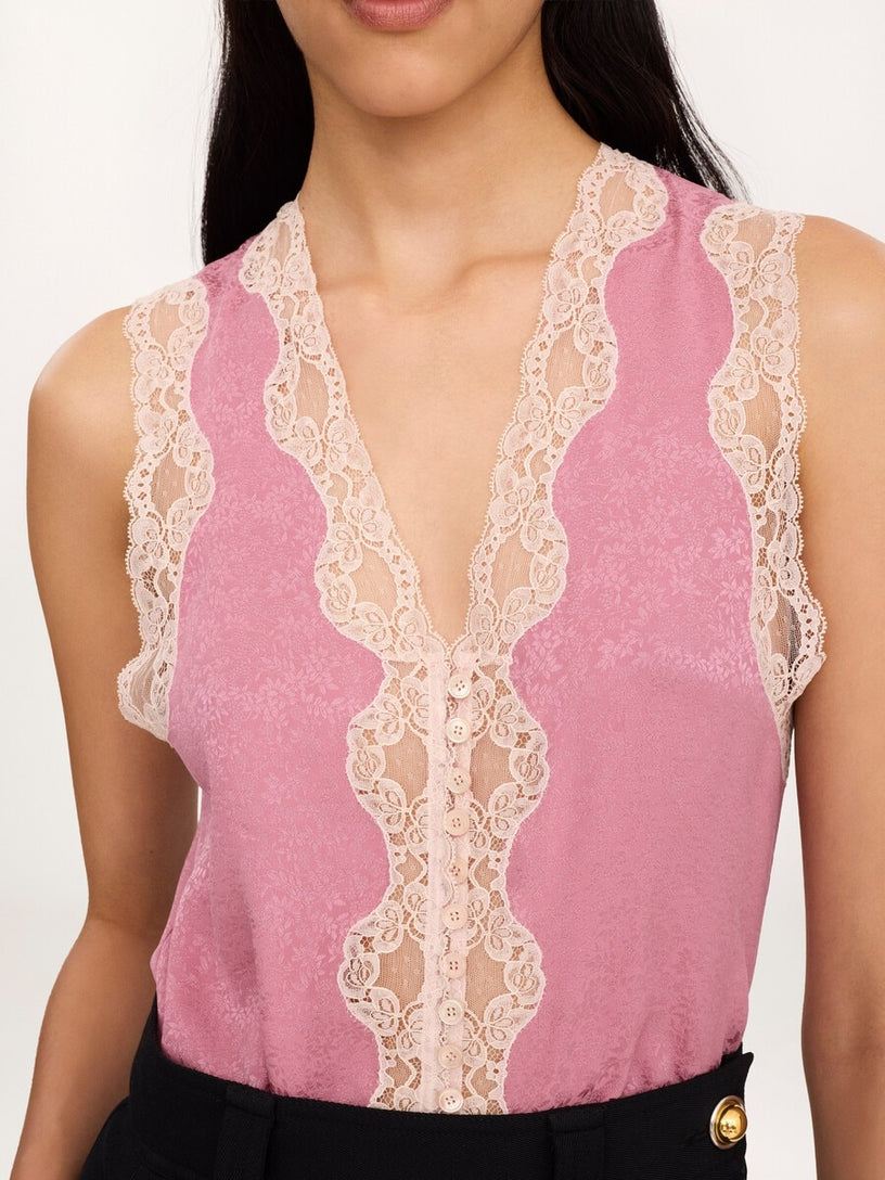 Top peplo senza maniche in jacquard di seta e pizzo