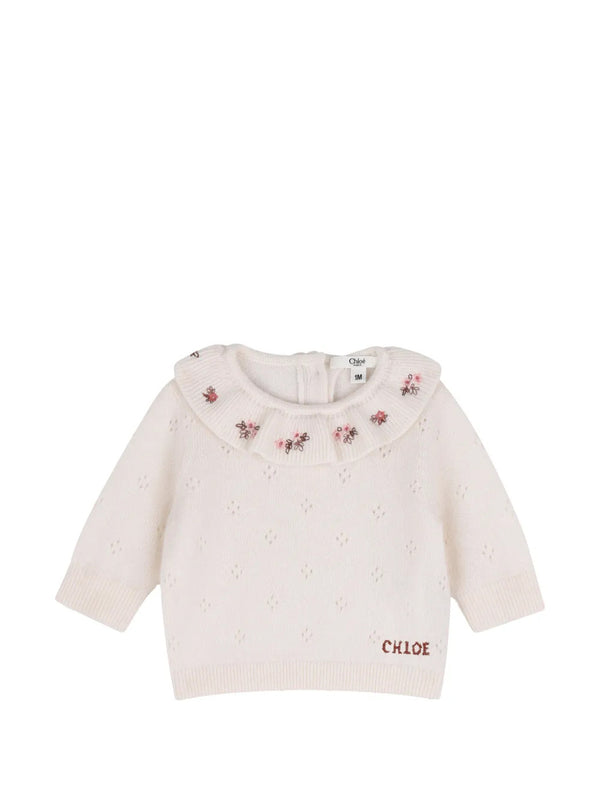 Floral-embroidered knitted wool babygrown set