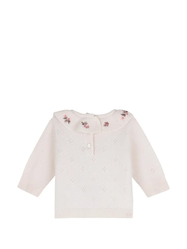 Floral-embroidered knitted wool babygrown set
