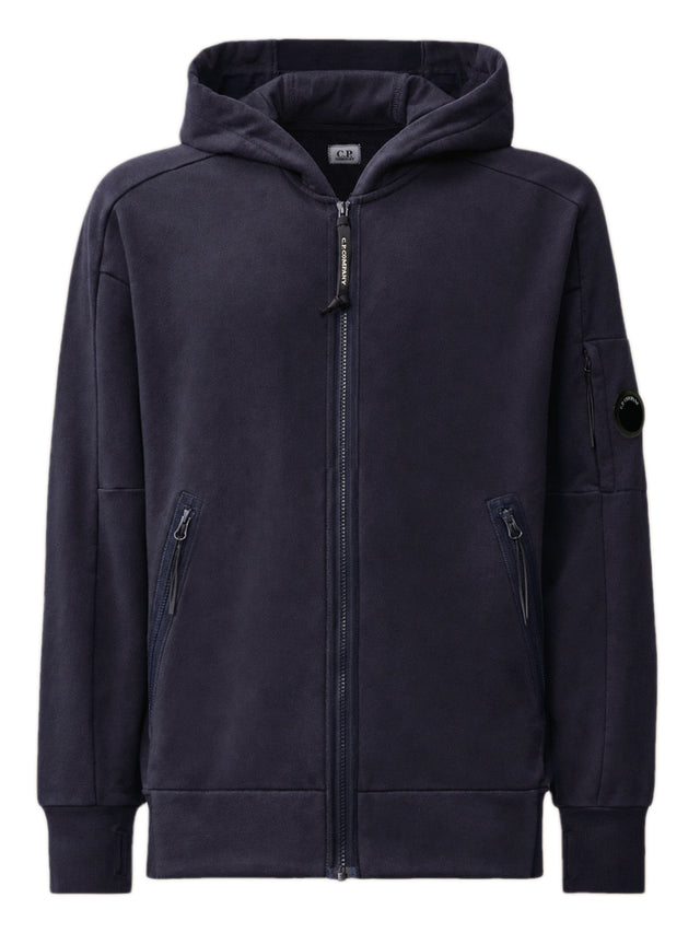 Felpa con cappuccio e zip diagonale in pile con lenti in rilievo