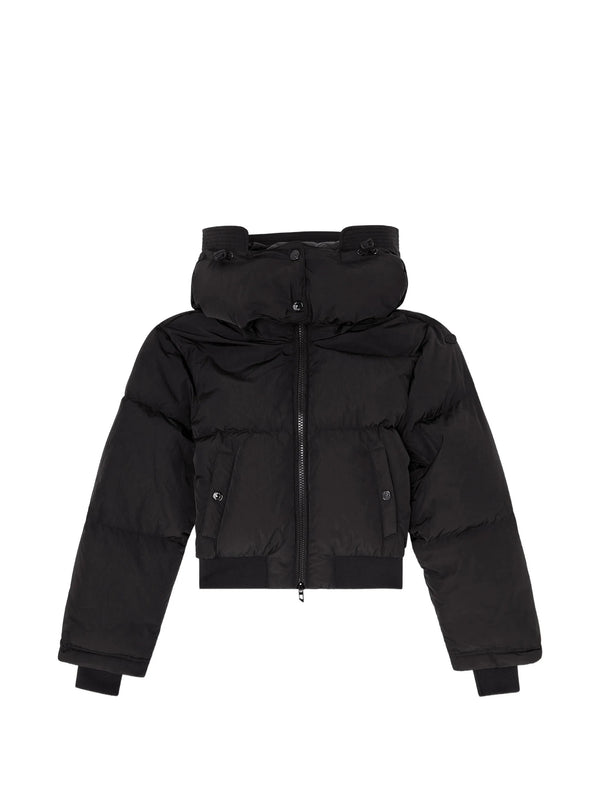 Wrinkled-nylon down puffer jacket with detachable hood