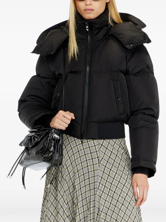Wrinkled-nylon down puffer jacket with detachable hood