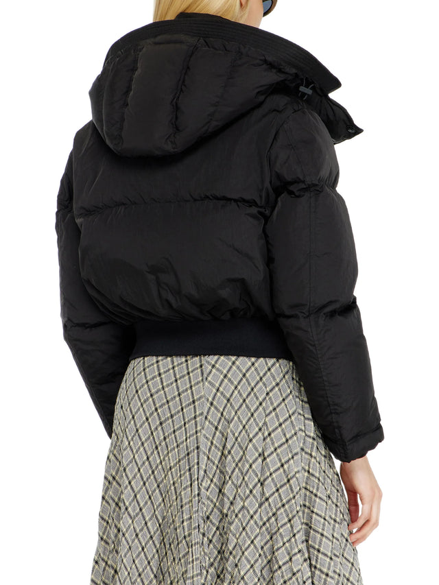 Wrinkled-nylon down puffer jacket with detachable hood