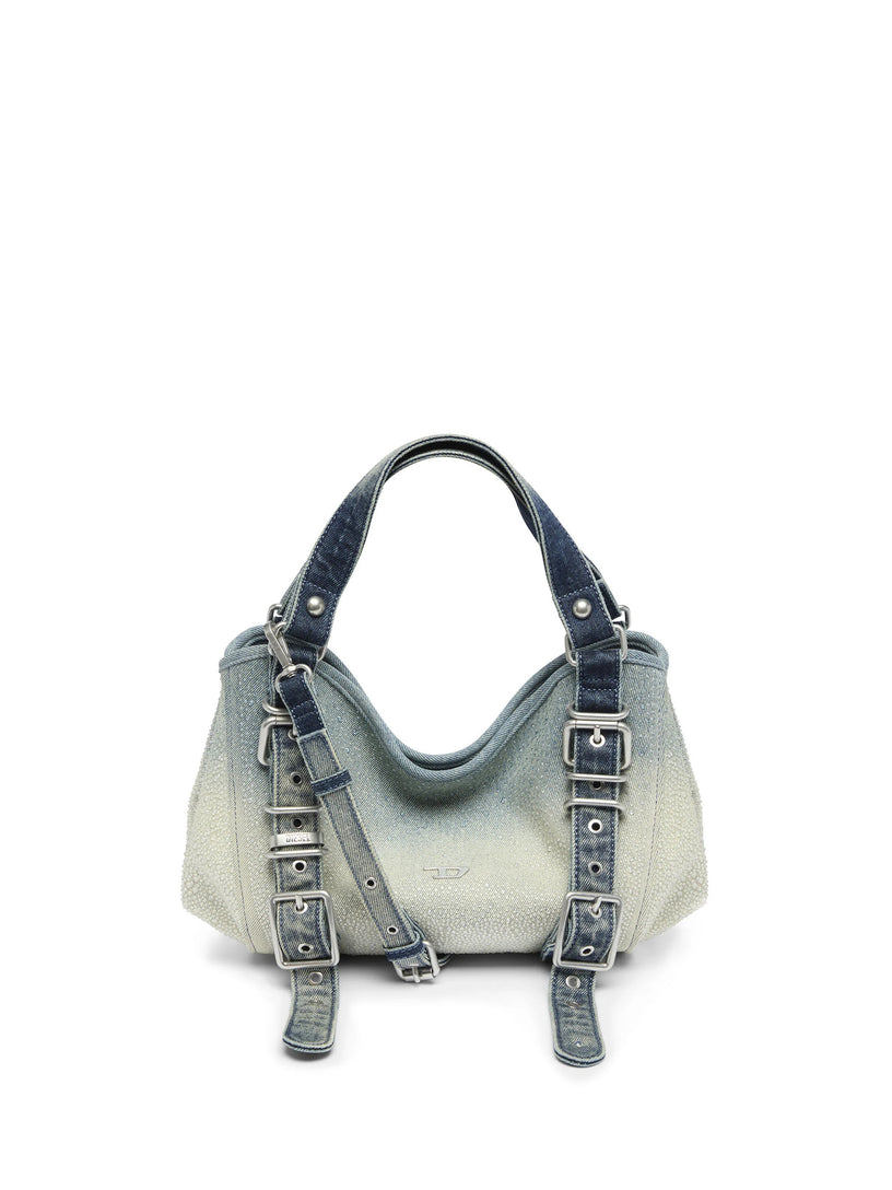 D-One-Borsa piccola a mano in denim solarizzato con cristalli
