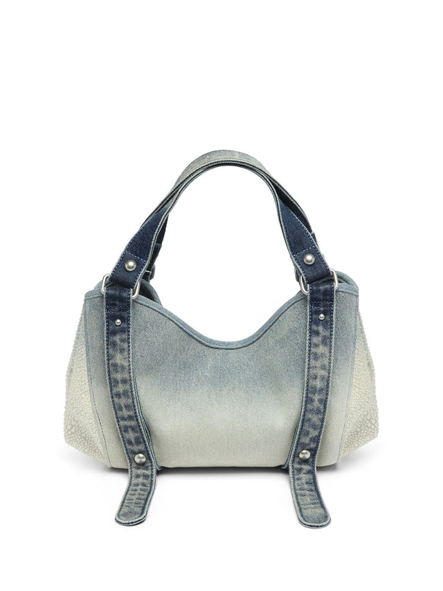 D-One-Borsa piccola a mano in denim solarizzato con cristalli
