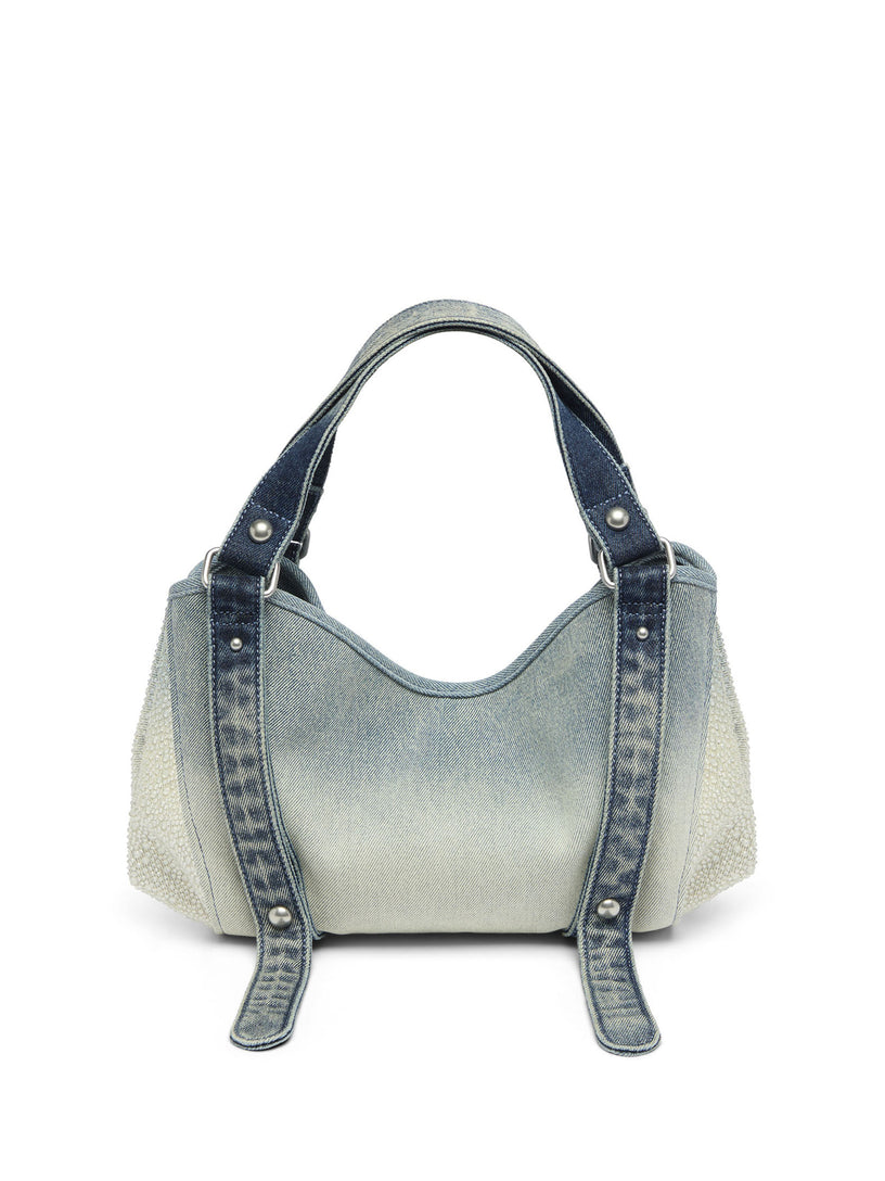 D-One-Borsa piccola a mano in denim solarizzato con cristalli