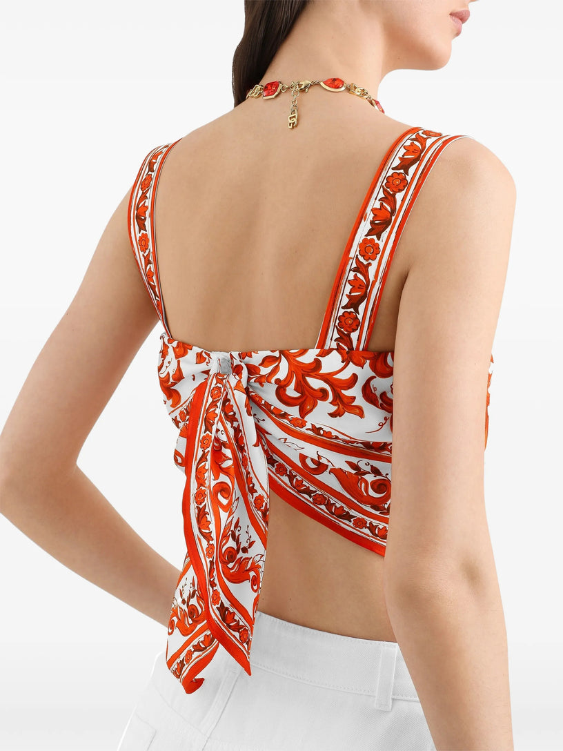 Top bustier in twill di seta stampa maiolica