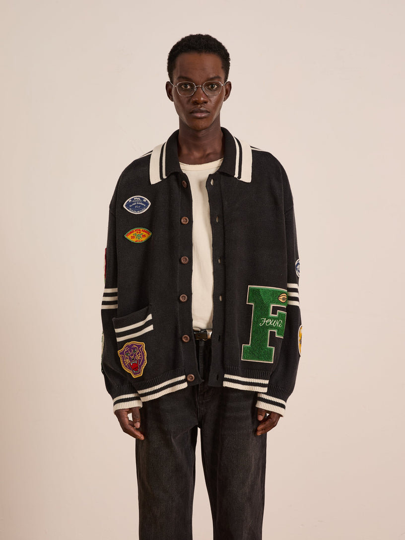 Cardigan Varsity con colletto e patch