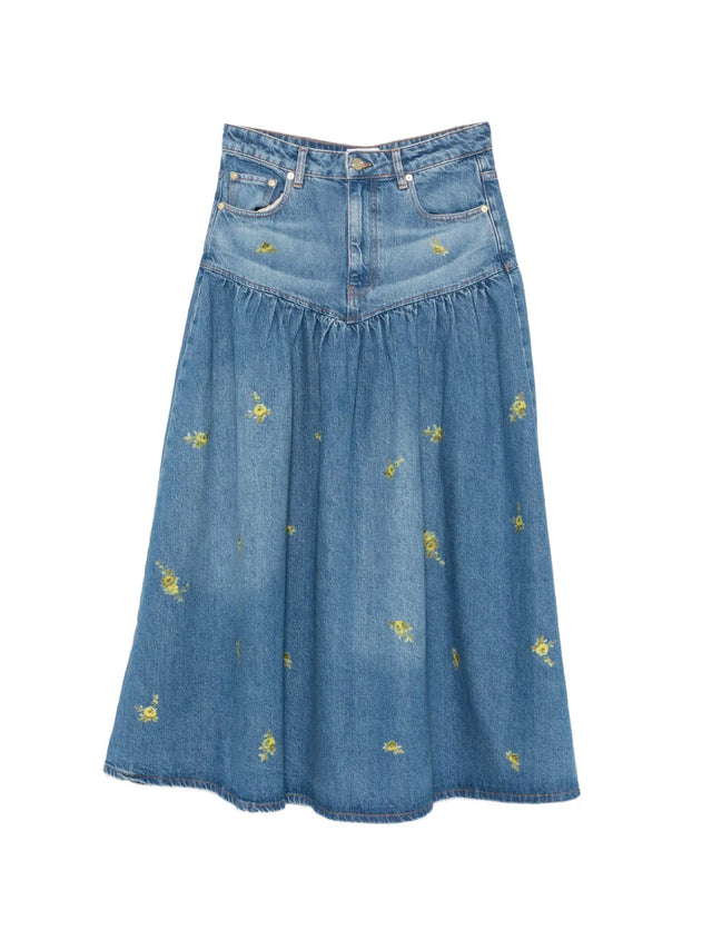 Gonna in denim con stampa fiori