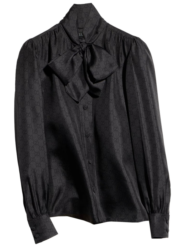 Camicia in twill di seta stampata con fiocco