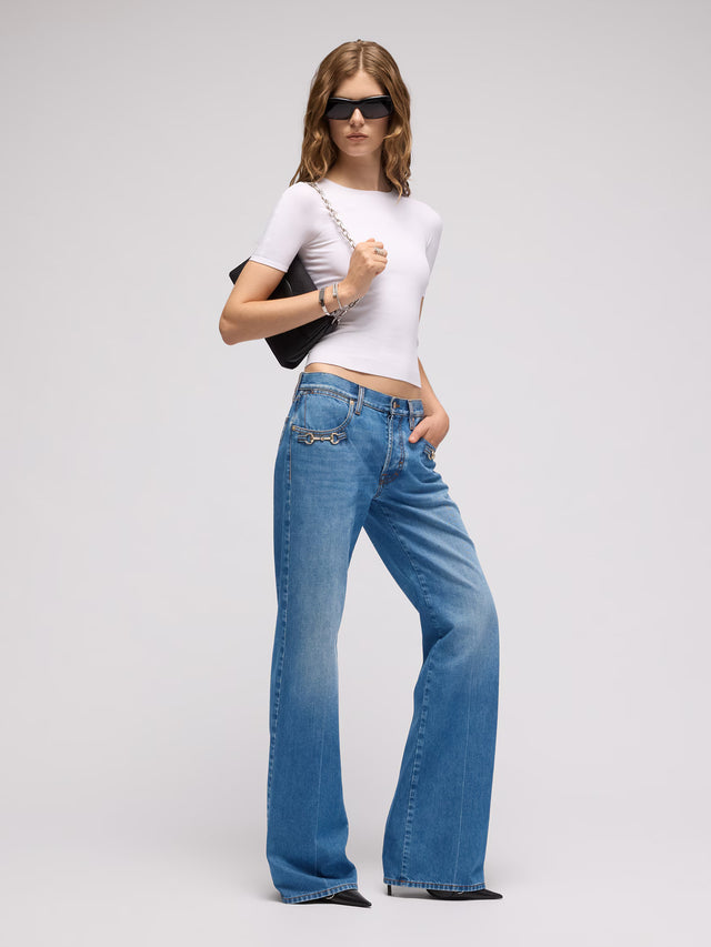 Pantalone bootcut in denim di cotone con Morsetto