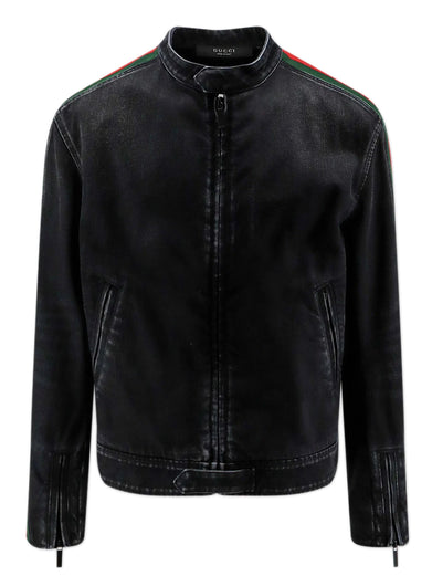 Giacca biker in denim di cotone con nastro Web