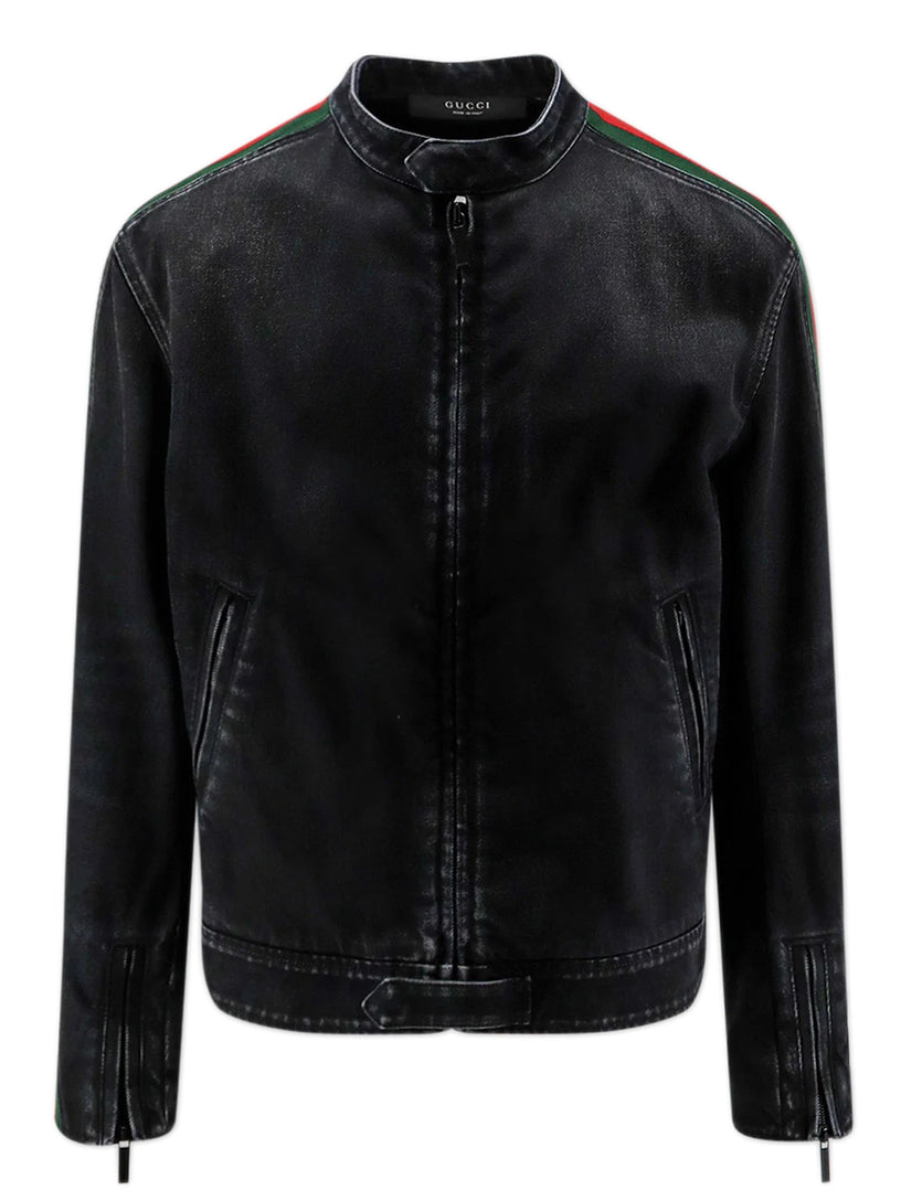 Giacca biker in denim di cotone con nastro Web