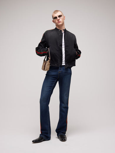 Giacca biker in denim di cotone con nastro Web