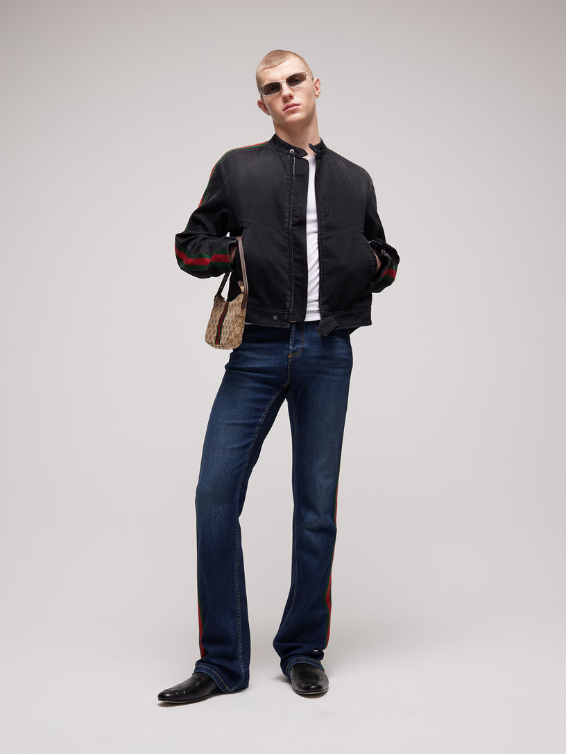 Giacca biker in denim di cotone con nastro Web