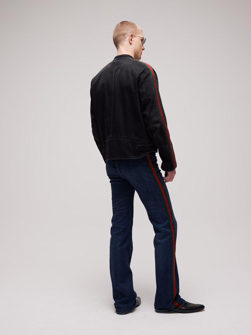 Giacca biker in denim di cotone con nastro Web