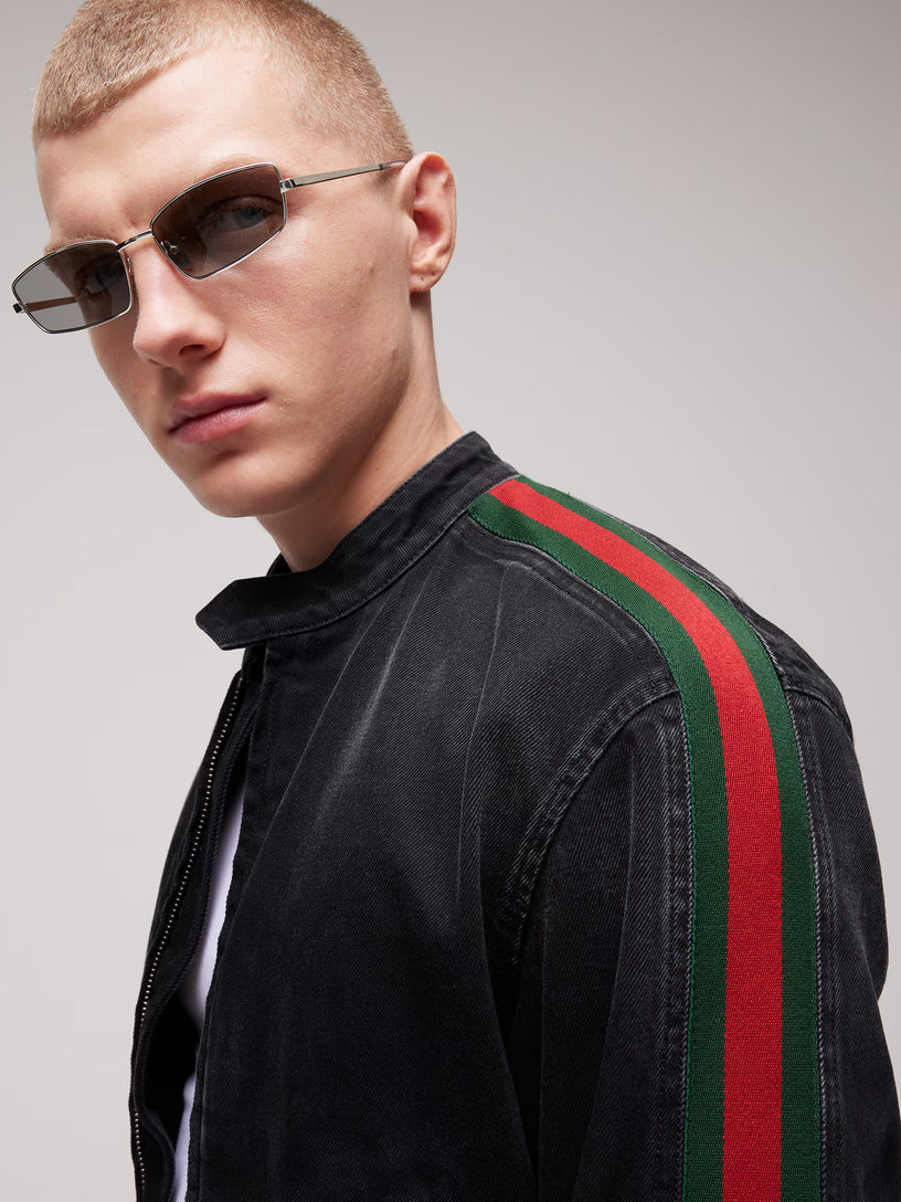 Giacca biker in denim di cotone con nastro Web