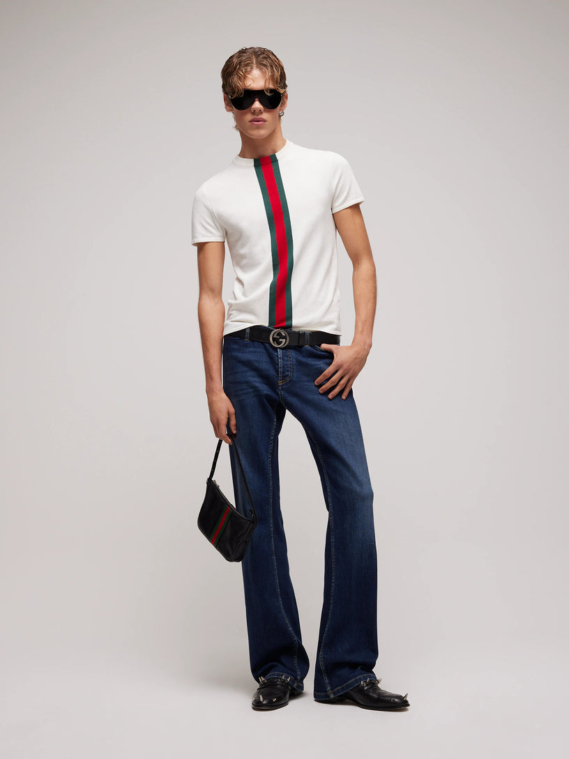 T-shirt in maglia di cotone con intarsio Web