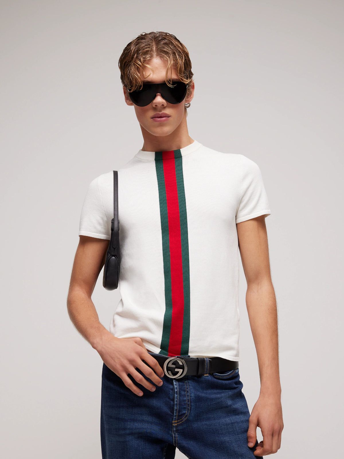 T-shirt in maglia di cotone con intarsio Web