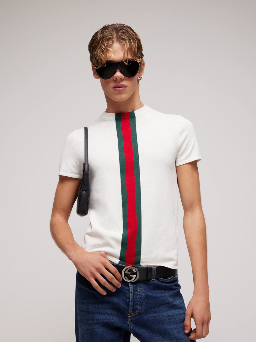 T-shirt in maglia di cotone con intarsio Web