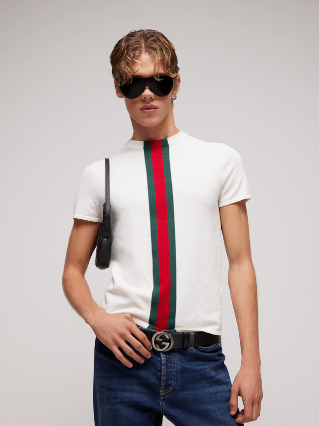 T-shirt in maglia di cotone con intarsio Web