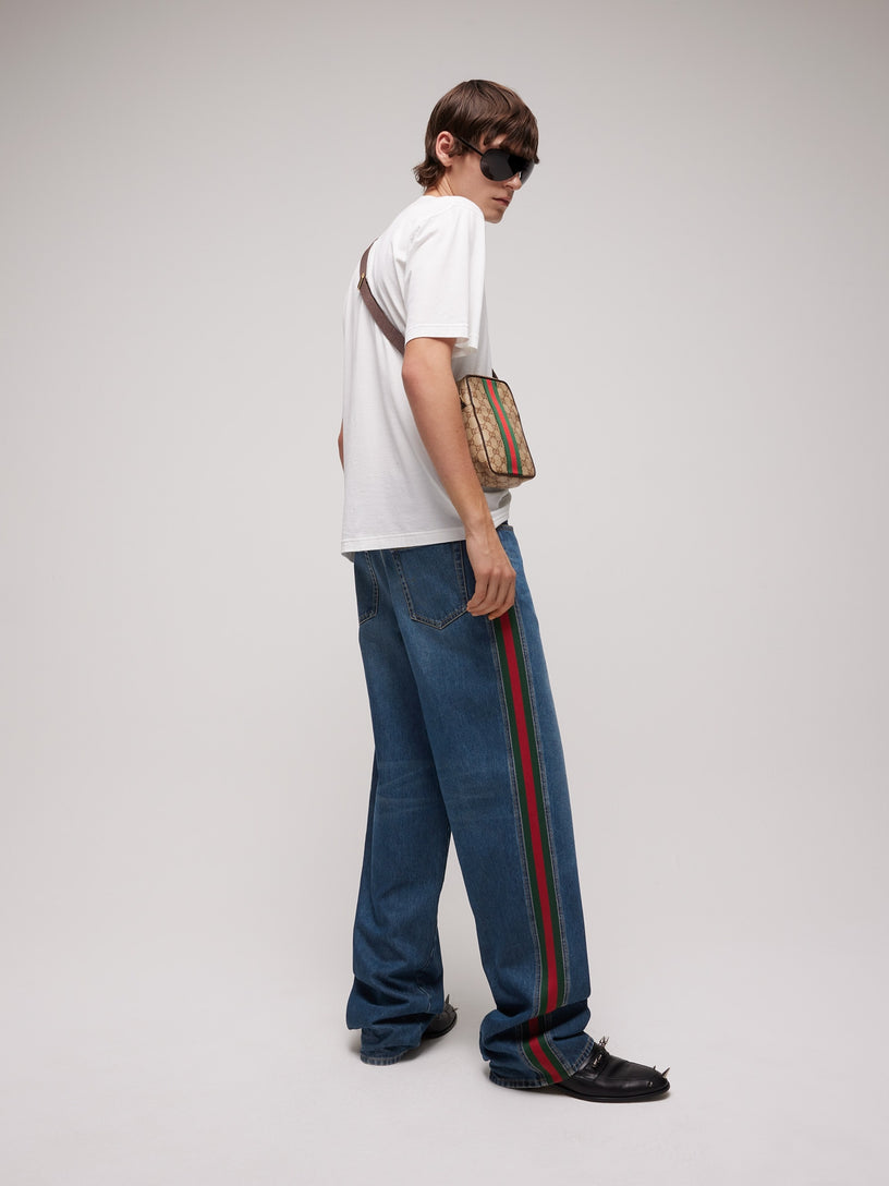 Pantalone in denim di cotone con inserto Web
