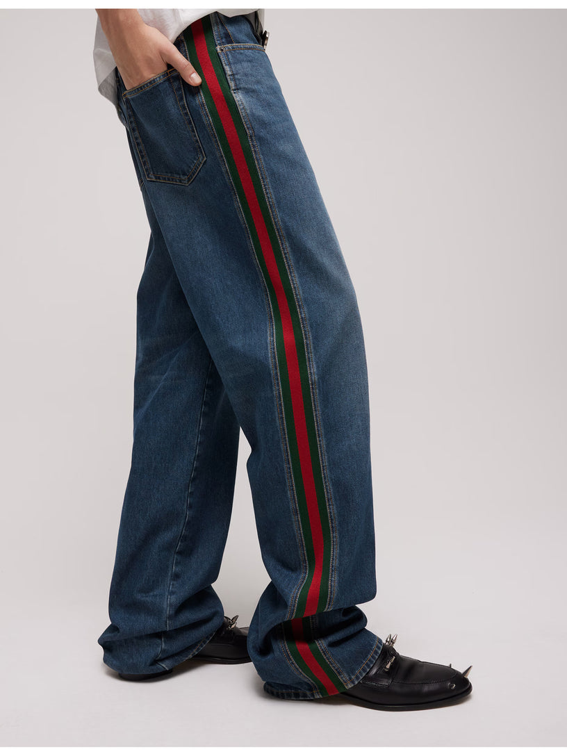 Pantalone in denim di cotone con inserto Web