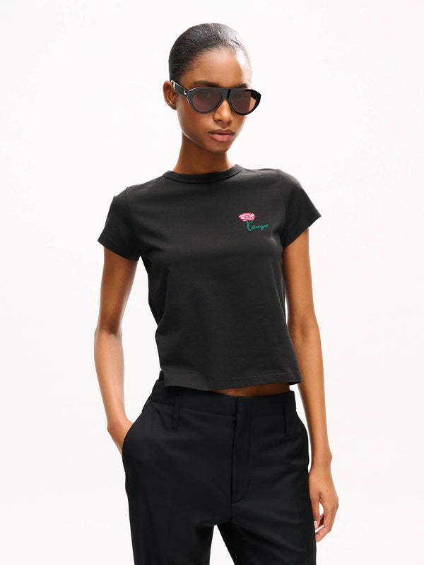 Small-fit embroidered cotton T-shirt with 'Kenzo Tulip' print