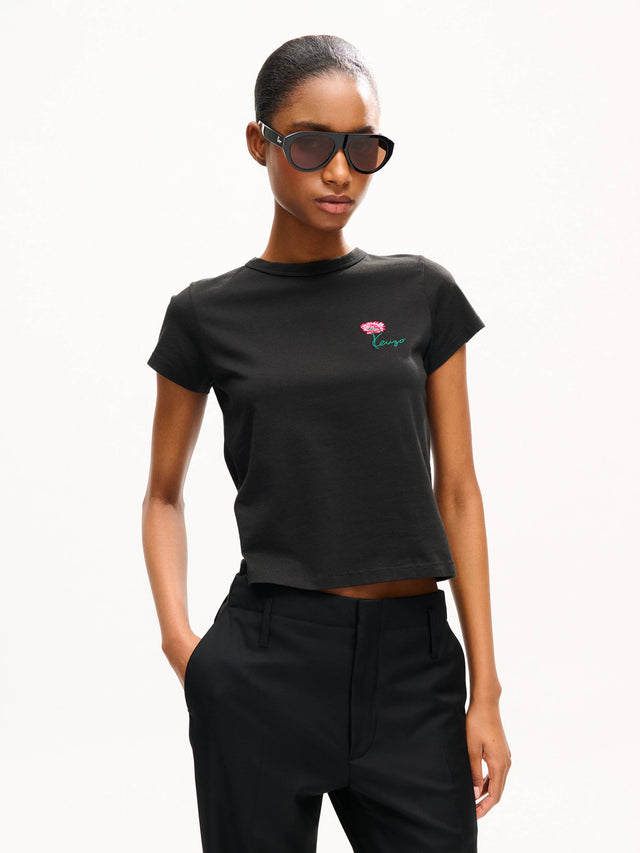 Small-fit embroidered cotton T-shirt with 'Kenzo Tulip' print
