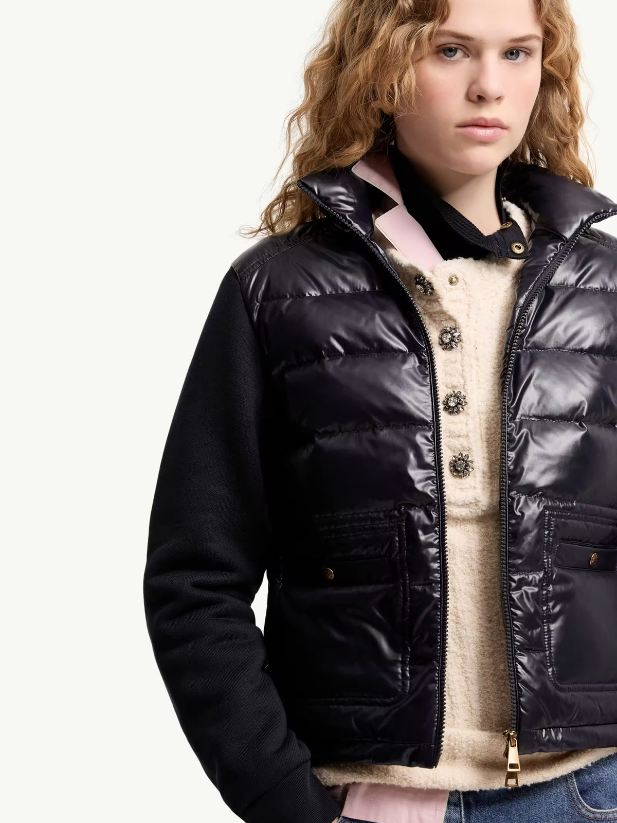 Felpa con zip in cotone con parte anteriore in nylon