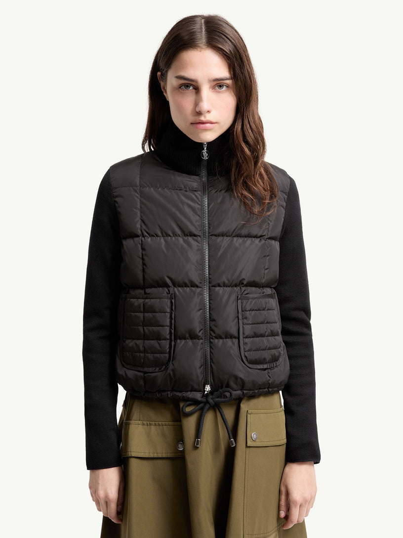 Cardigan imbottito in lana trapuntato a quadri con chiusura a zip