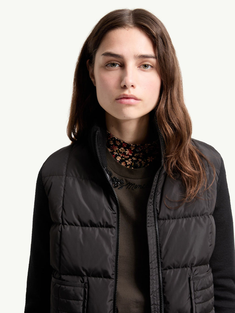 Cardigan imbottito in lana trapuntato a quadri con chiusura a zip