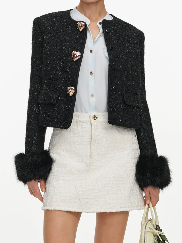 Metallic boucle fur cuff jacket