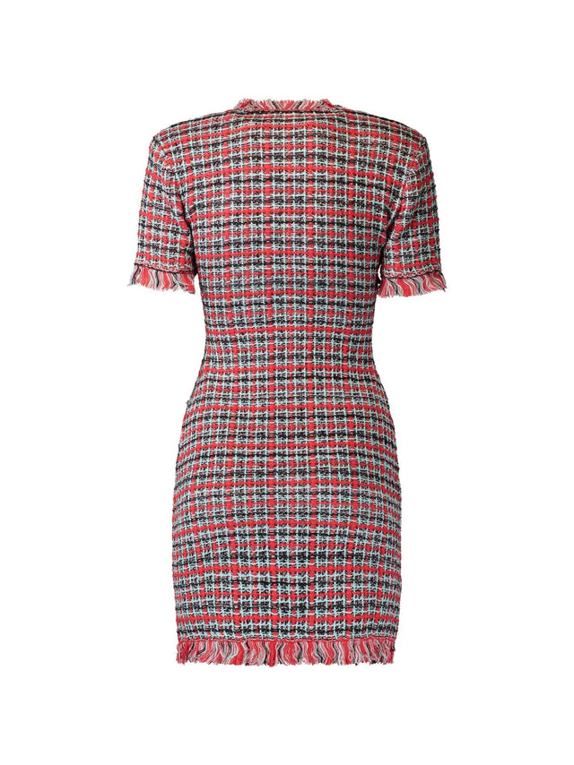 Check Frayed Knit Mini Dress