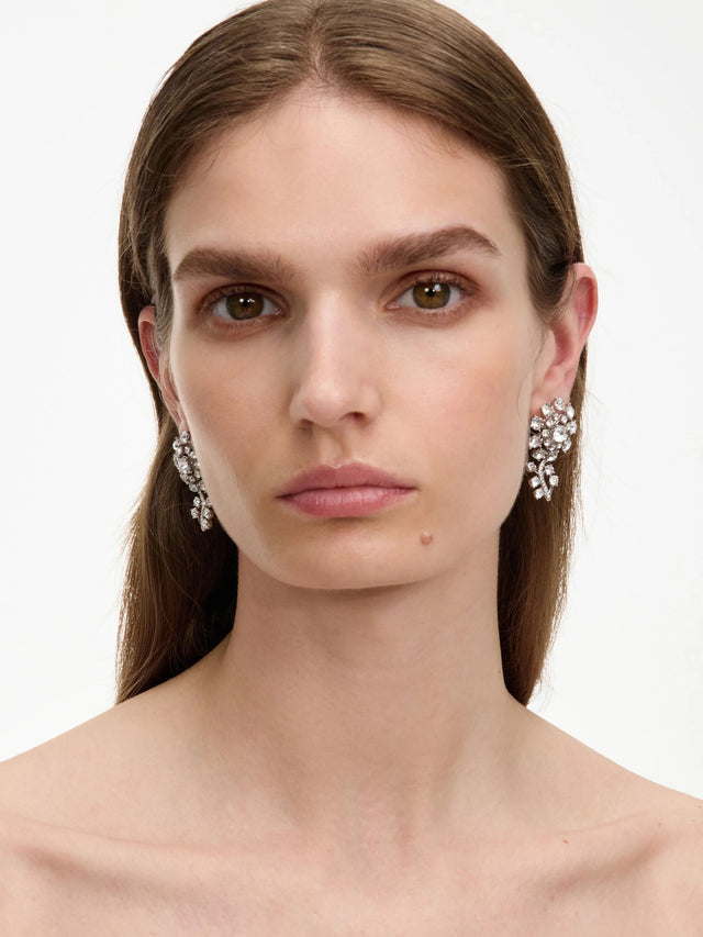 Silver flower earrings with crystals