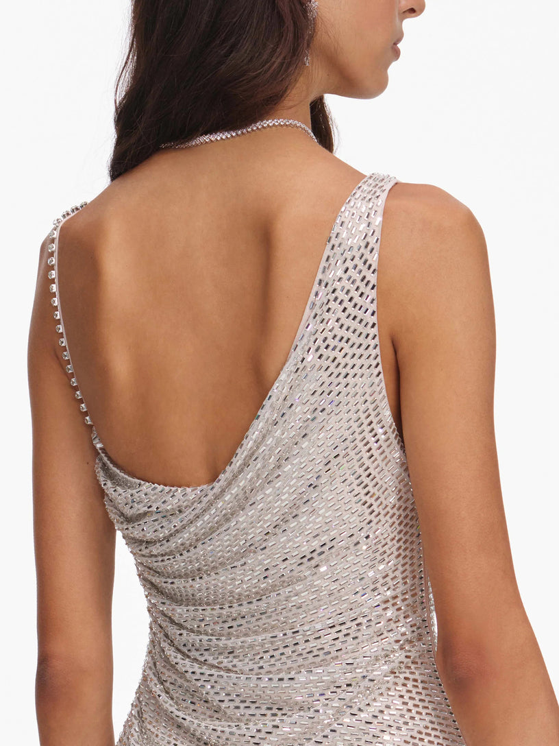 Mini abito drappeggiato con strass argentati